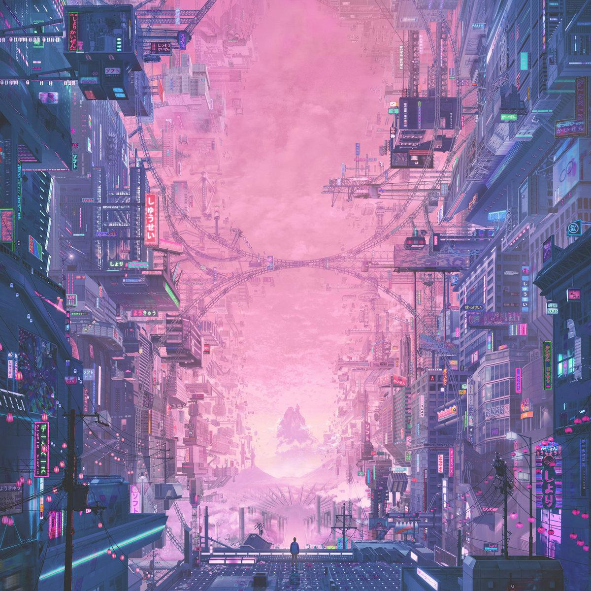 Very large architectural structures to one side, and a mountain peak in the distance, from which a pink atmosphere emanates.