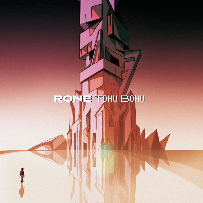 Comic illustration of a futuristic building with its reflection on the ground and a character walking towards ii. Everything is purple, pink and orange with a gradient background starting in black at the top.