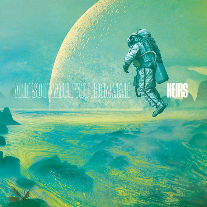 A cosmonaut floating above a gaseous or watery surface from which emerge a few rocks, mountains and a small plant. The sky is almost filled with another planet with a kind of lunar surface. The whole image is in the green tone.