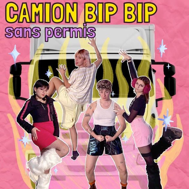 We can see a big white truck with painted flames on a pink background with 4 people in white, black and pink clothes posing like they're close to the truck but it's a collage.