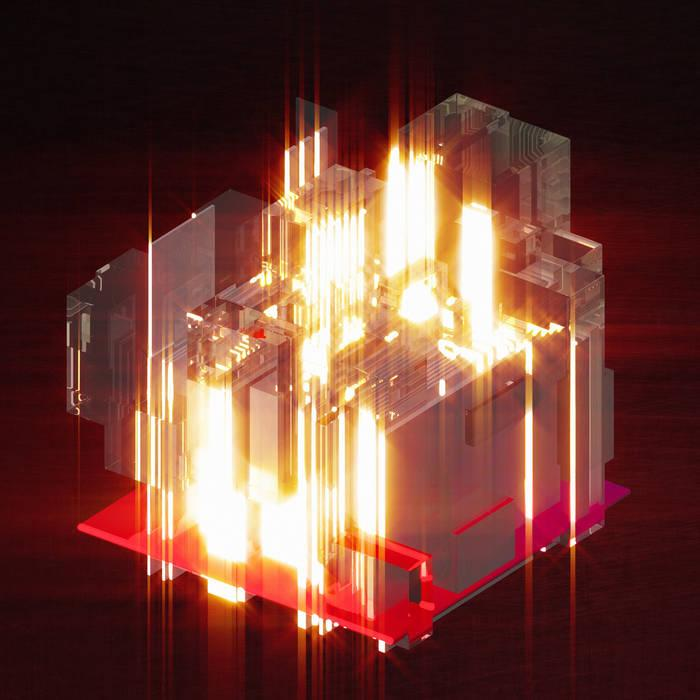 Abstract shape of glassy-transparent computers elements on a red PCB. Sun reflexion glows heavily so the overall colors are shiny gold and dark red