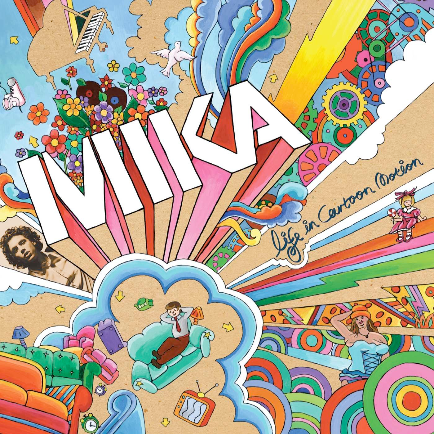 Cover with a lot of vivid colors and MIKA written in capslock in the middle with a 3D cartoon effect. We can see clouds, couches, a piano, flowers, a picture of Mike himself, a lot of elements drawn on something like a cardboard.