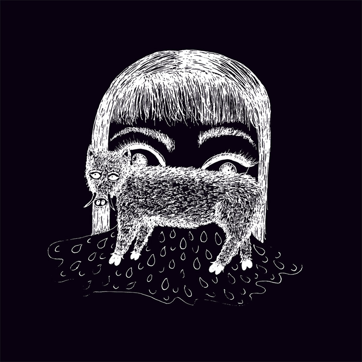 Drawn in white on a black background, the upper part of a woman's face with long hair and a fringe. A wild boar in profile, its head turned and with eyes in its snouts, is looking at something outside the image.