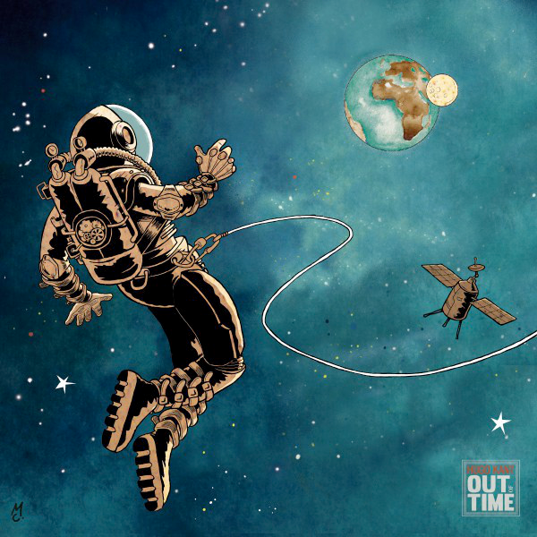 An ilustration of an astronaut floating in space looking at the earth and the moon. A satellite is near. It seems like a peaceful vivid and mostly blue watercolor or ink.