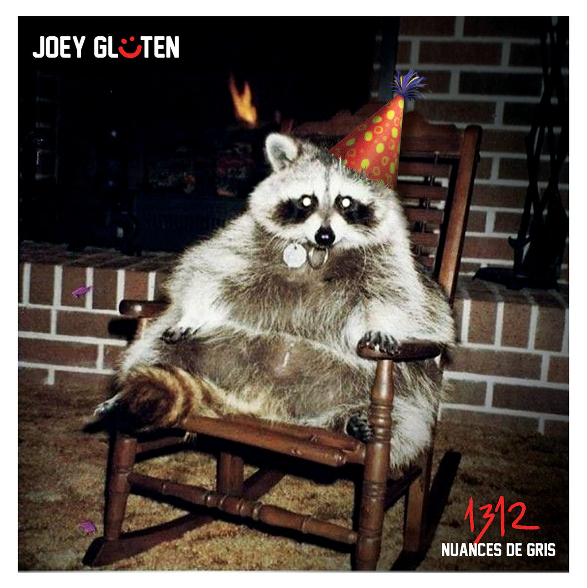 A raccoon in front of a fireplace, sitting on a rocking chair with a small red pointy hat with yellow dots topped with a blue pompom.