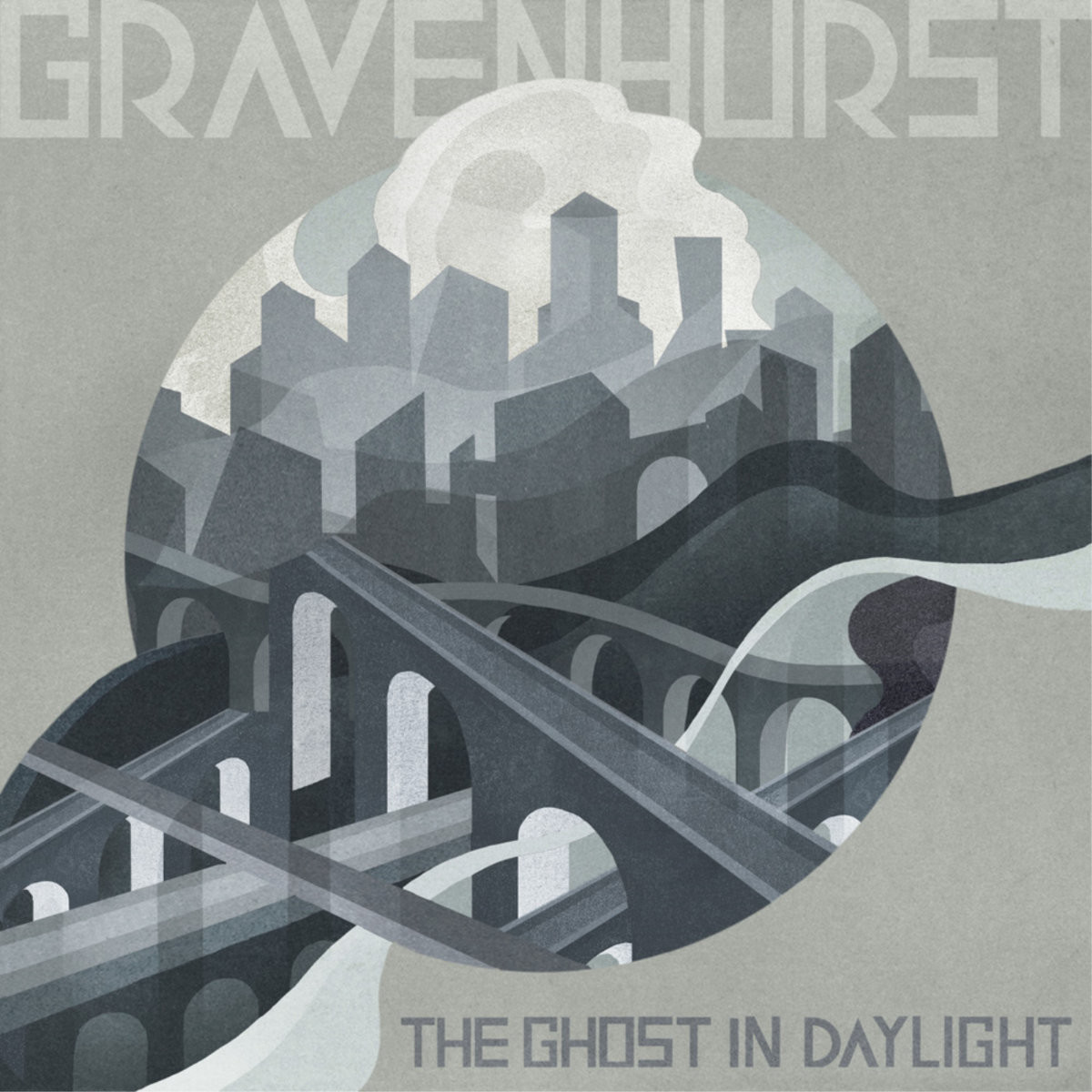 Pochette dans les tons gris, Gravenhurst écrit en haut, Ghost in the daylight en bas à droite, dans une police "brutale". Au centre, qui déborde d'un cercle, un dessin de paysage urbain avec des ponts s'entremêlant au 1er plan et des silhouettes d'immeubles à l'arrière.
