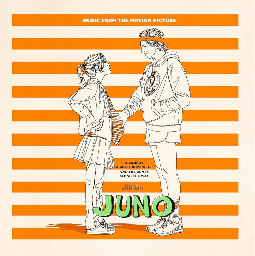 A drawing of the two actors (Cera and Page) in white and orange on an orange stripped background. One is pregnant and the other one is touching the belly, they're looking at each other, smiling. The title Juno is handwritten and green.
