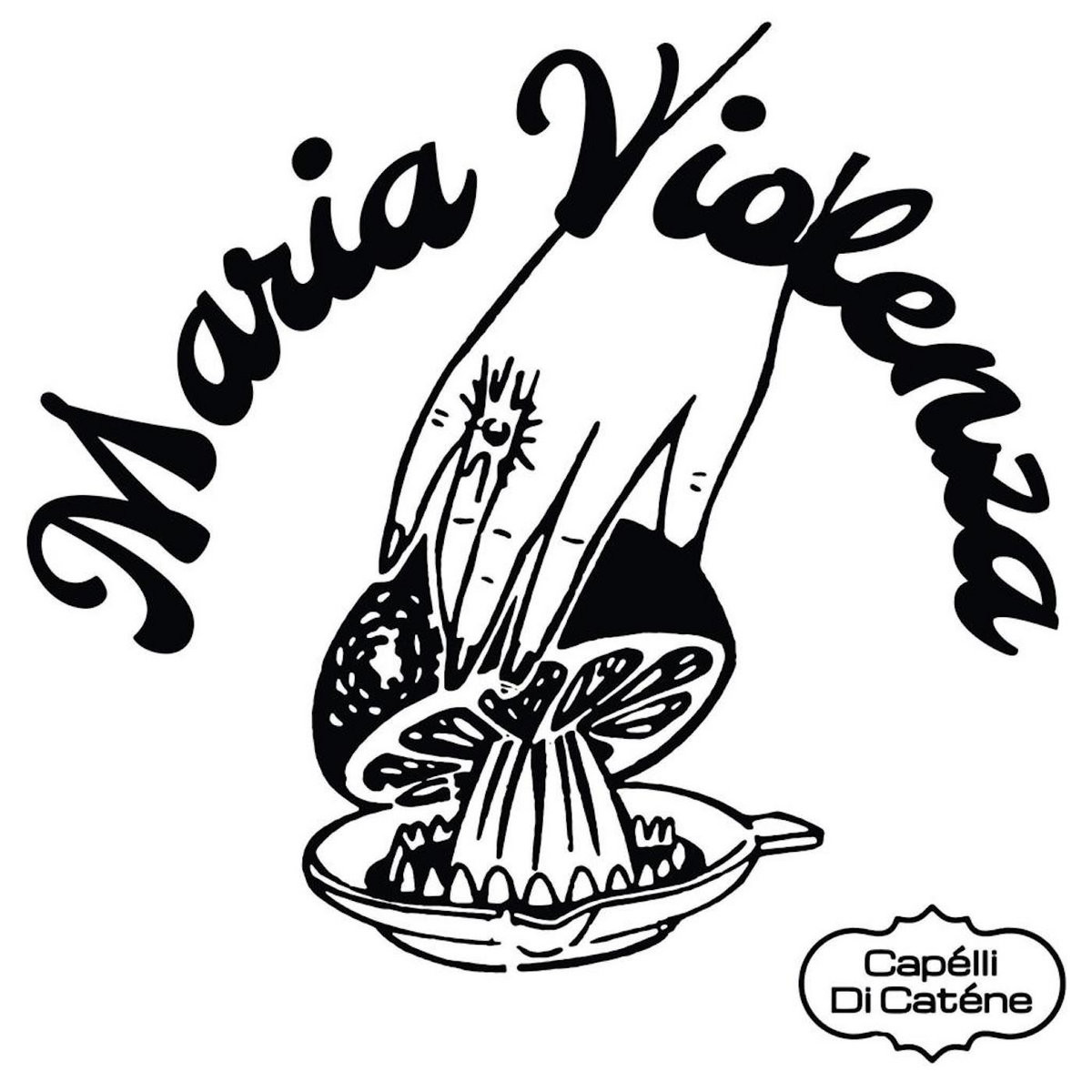 The drawing of a woman's hand squeezing half an orange on a citrus press.