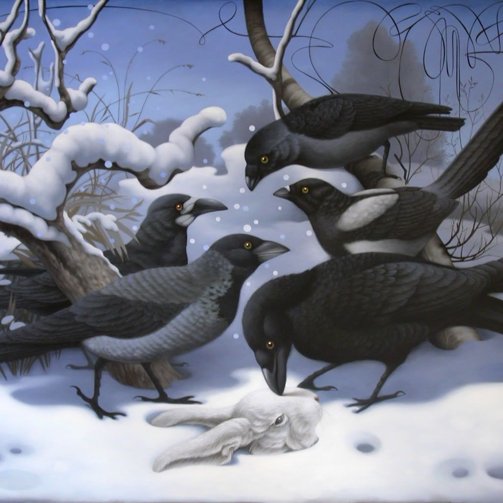 Dessin (numérique ?) ou peinture montrant plusieurs types de corvidés dans la neige au milieu de branches, une tête de lapin blanc est au sol au 1er plan, et l’un des oiseaux à la tête penchée dessus. À l'arrière, sur le tiers haut de l'image, un paysage avec des arbres en lisière, et un ciel bleu brumeux.