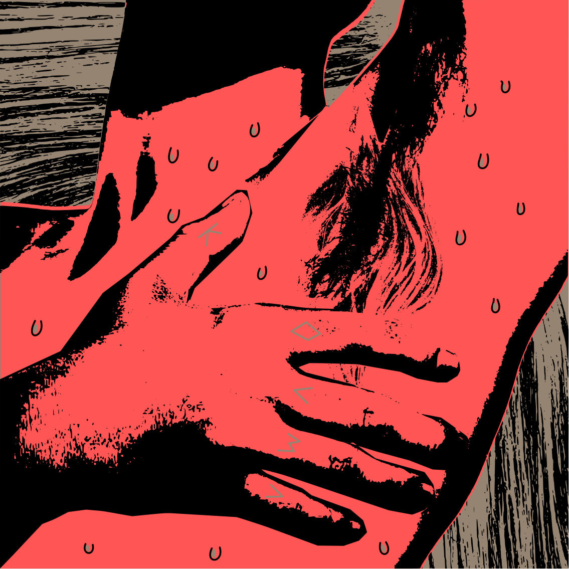 Red drawing of someone's neck and sweaty torso, left arm raised and right hand resting under it's armpit.