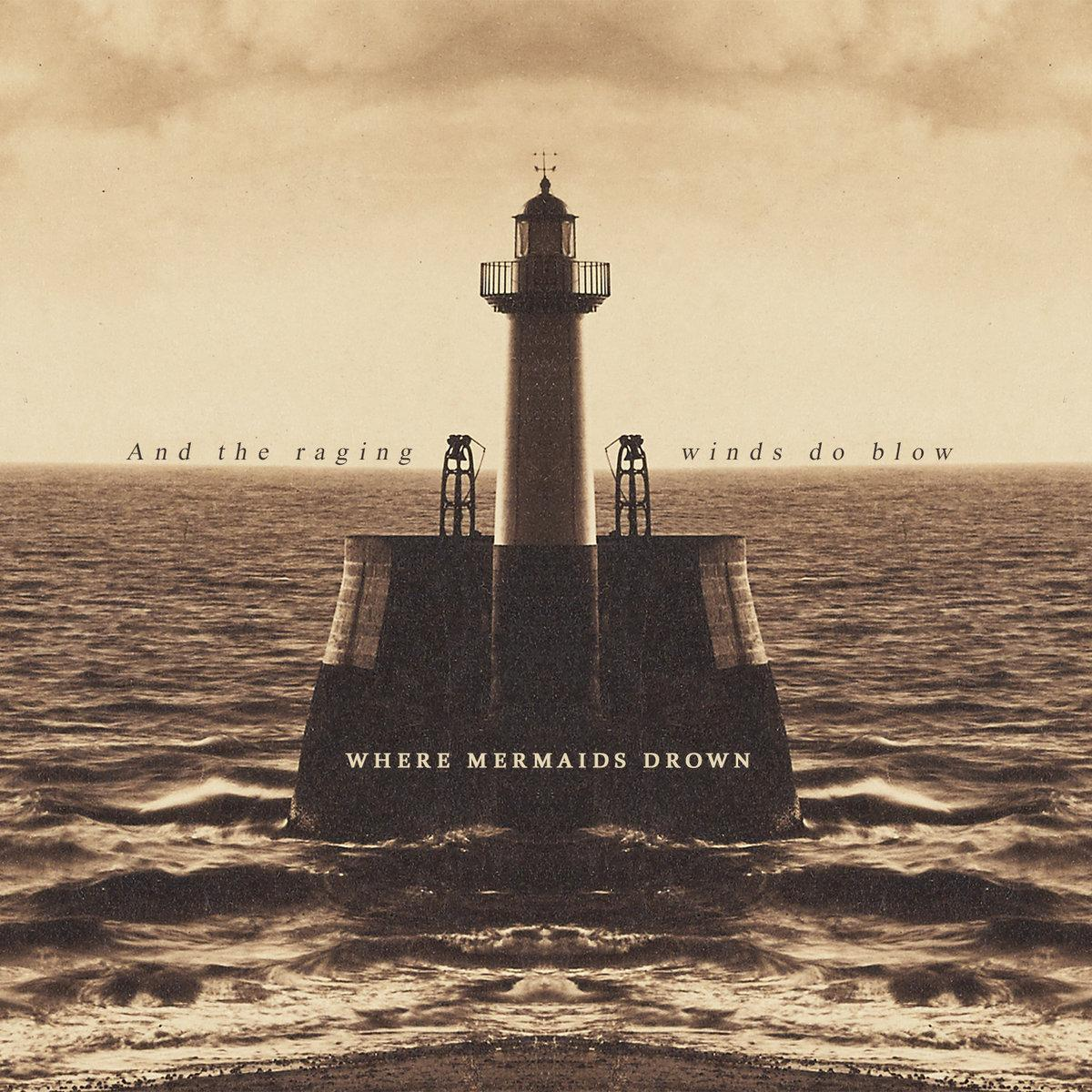 Beacon, or lighthouse, surrounded by water. Monocrome artwork with sepia tones