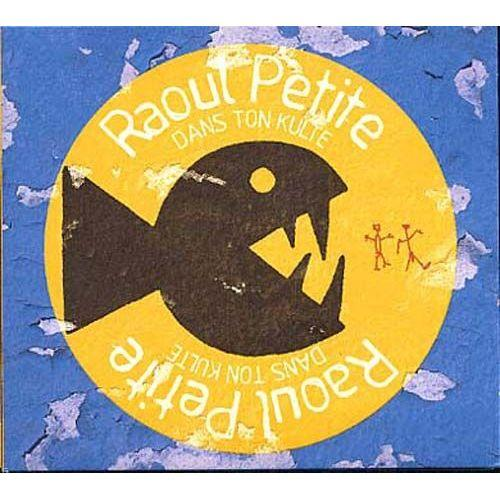 yellow circle over blue background, big fish with big teeth in black chasing two  people drawn with stick.Overall texture looks like its painted on a wall, the colors come off