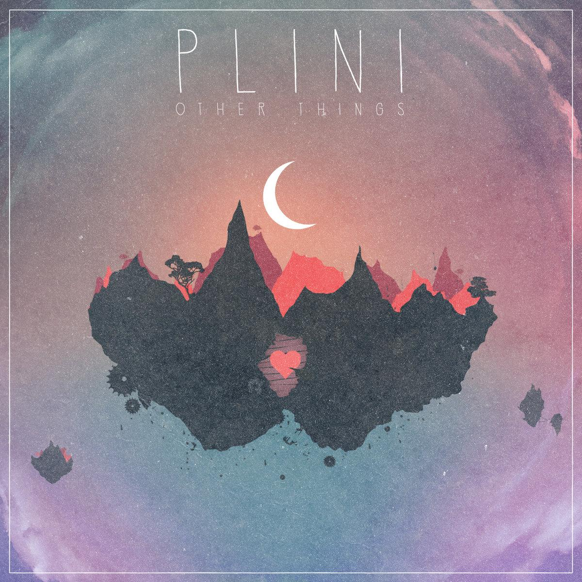 An island floating into the void, there is a little moon on top of it. In the middle of the island, from aside, there is a hole and we can see an heart inside. Colors are really sweet tones of orange-pink and blue-purple