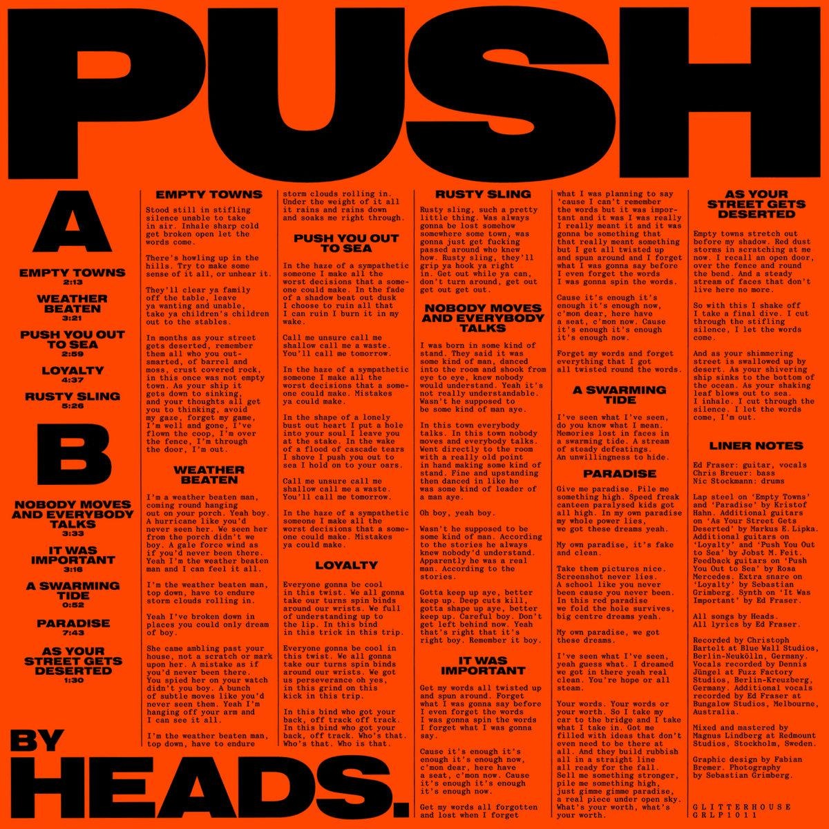 Album cover of Push by the band Heads., and orange background with black sans serif songs lyrics