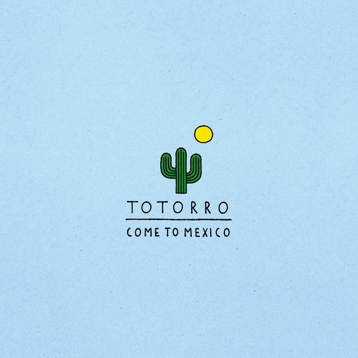 Lightblue background, tiny green cactus in the middle with a little sun on its right
