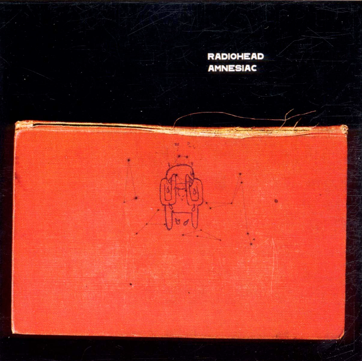 On a black and red background, a weeping character is drawn on the red part around some dots linked like constellations.