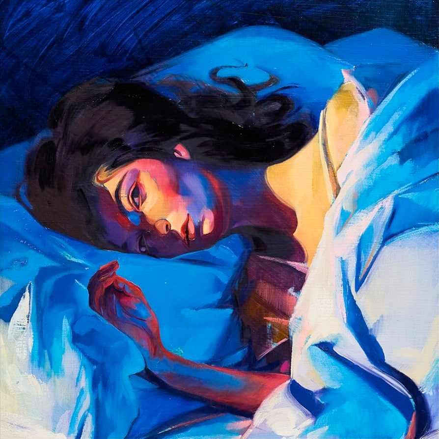 A mostly blue and orange painting of Lorde laying on a bed, looking at the painter.
