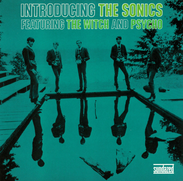 Photographie traitée en tons de noir et vert, on voit les 5 musiciens des Sonics autour d'un bassin. Au dessus, le titre de l'album et la mention "Featuring The Witch and Psycho"