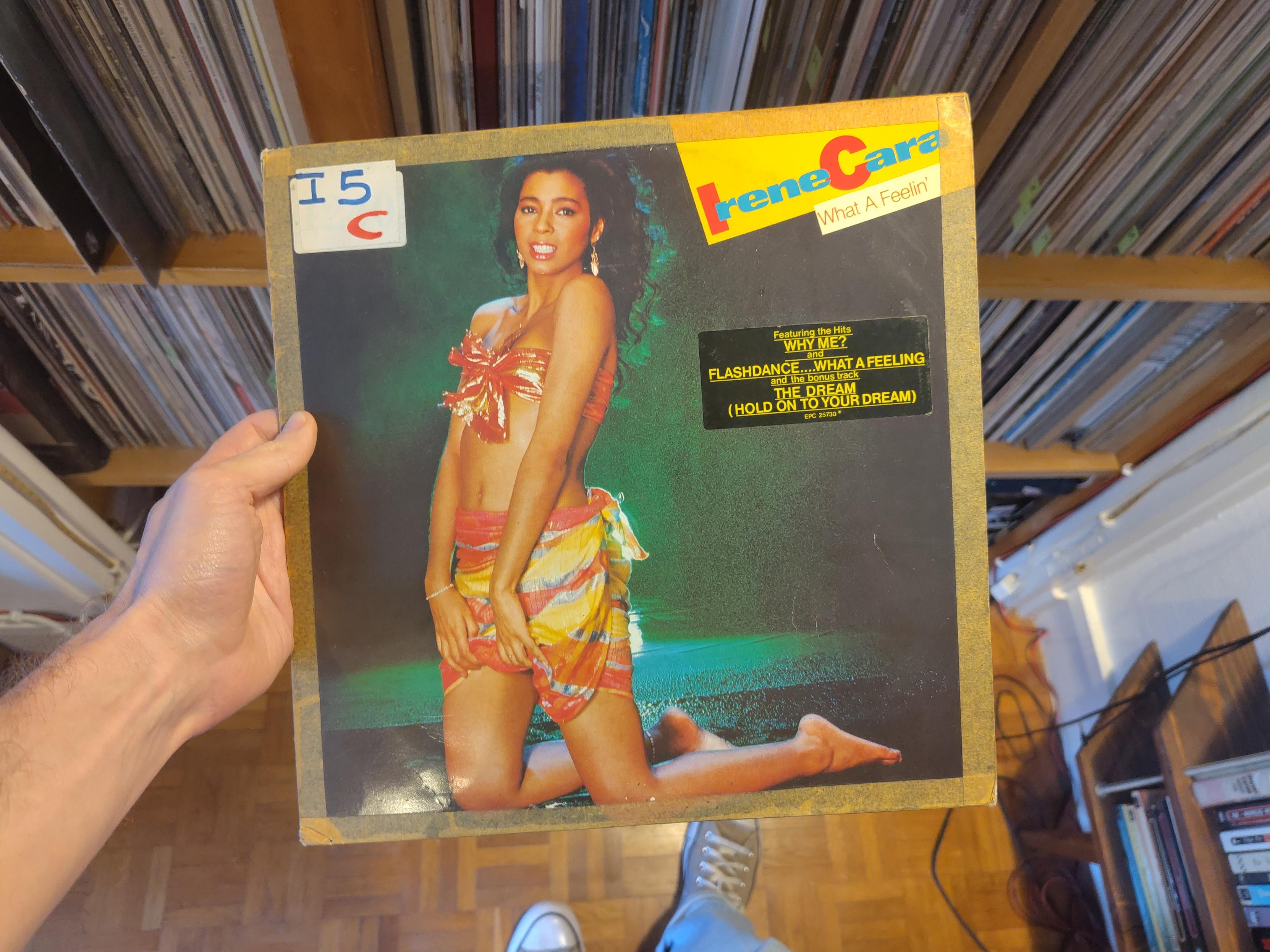 La chanteuse Irene Cara, une jeune femme noire d'une vingtaine d'années, est à genoux et nous regarde. Elle est habillée d'une paréo et d'une bande de tissu qui couvre ses seins. Derrière elle un fond sombre et vert où la pluie tombe.
