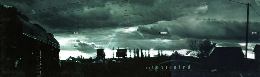 The three covers all together which creates a unique view/landscape, a cloudy sky, a locomotive, trees and houses. All in green and black tones.