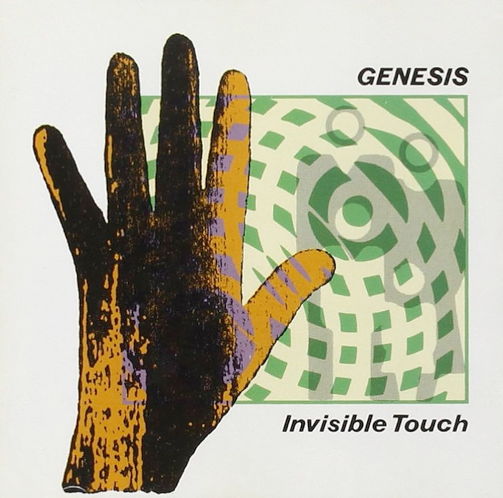 Drawing of an orange and black textured hand over a square with pale yellow circles over green and silhouettes in grey in it. The background is white.