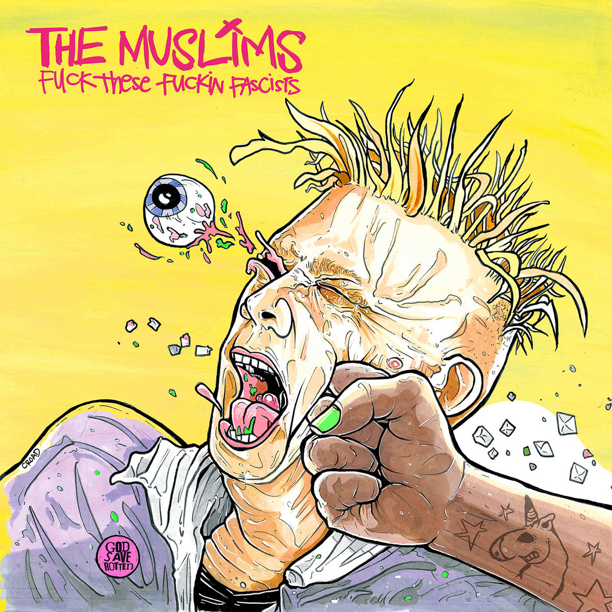 Against a yellow background, the face of a person being punched. Several teeth and an eye are ripped out.