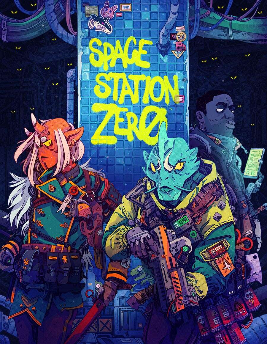 La couverture du jeu Space Station Zero, montrant deux aliens armés et un humain